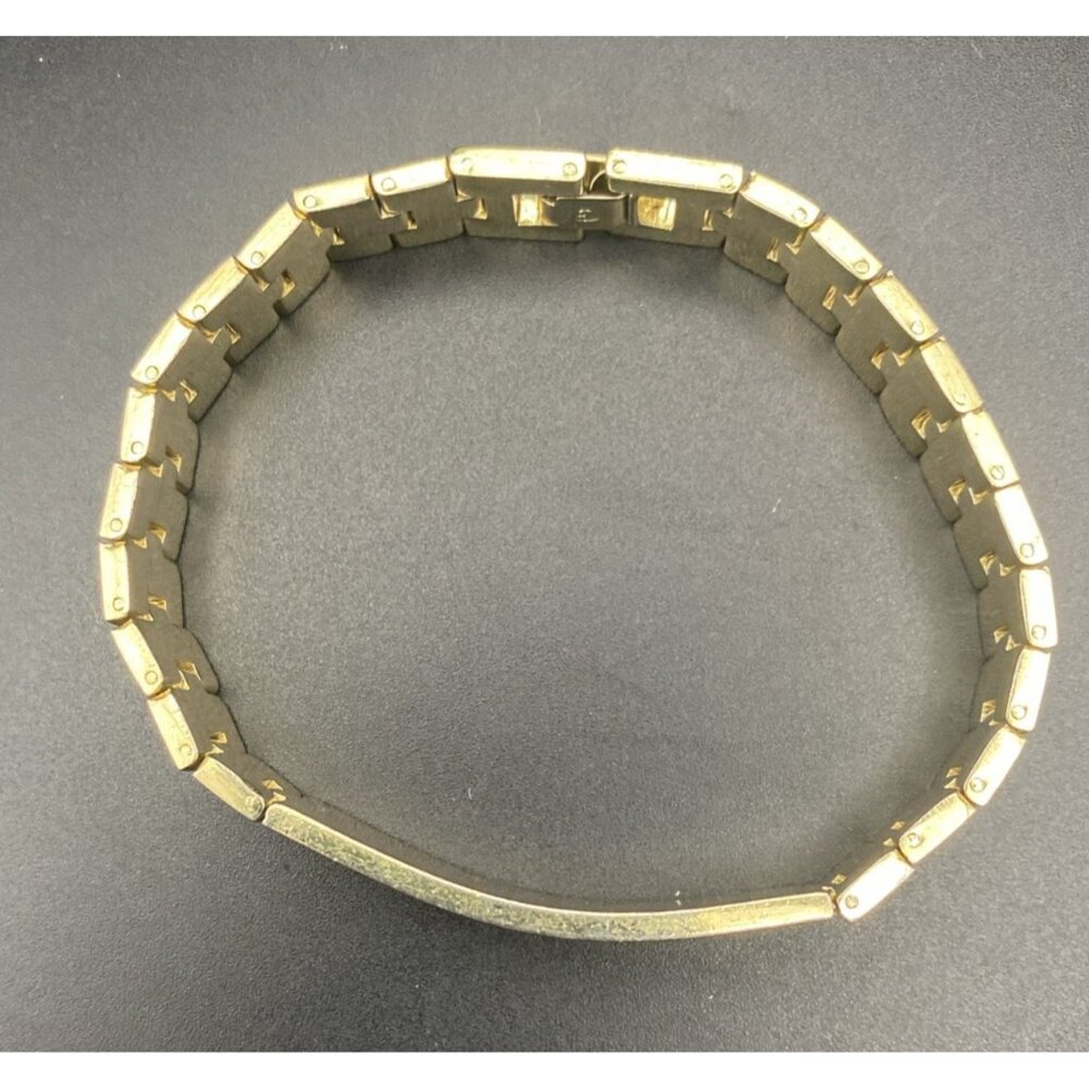 Vintage Gold Plated Link ID Bracelet Etched Fish Floral Signed LC Unisex 7.5x.5" - Picture 9 of 14